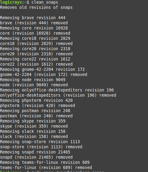 Clean snaps command output