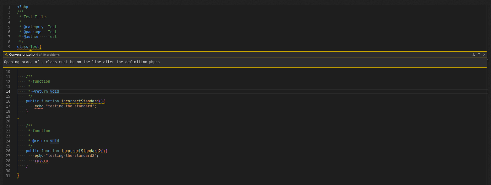 phpcs showing code standard issues