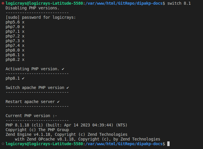 PHP version switch output